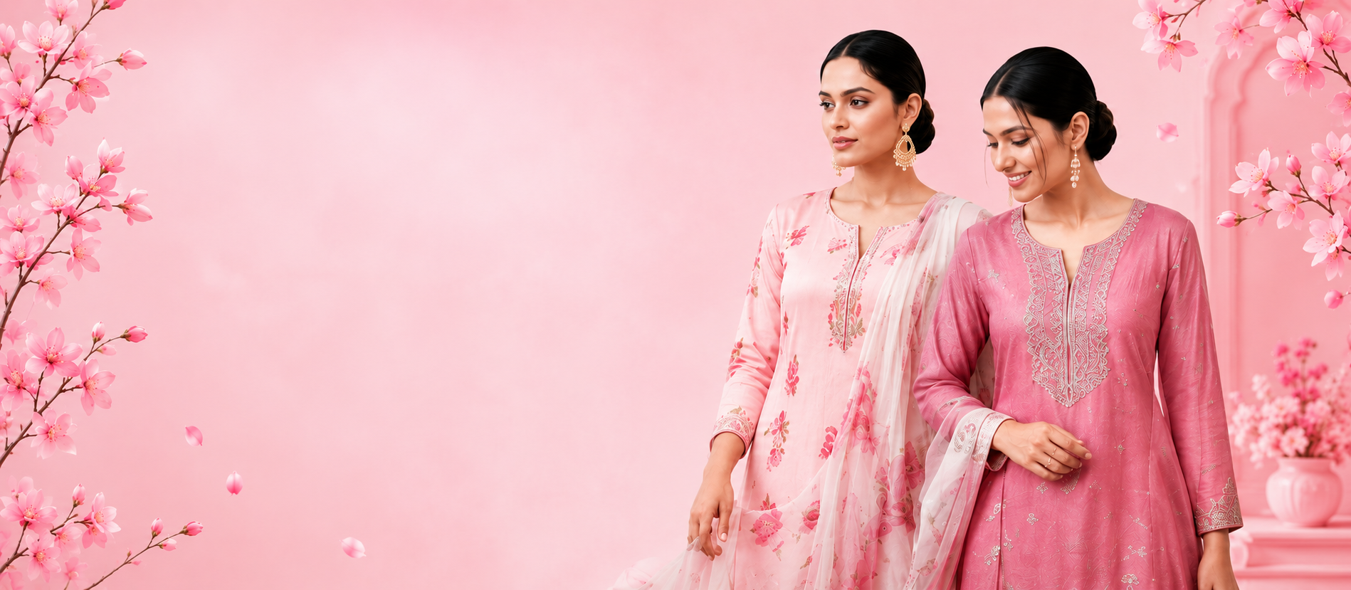 Models wearing pink ethnic wear with cherry blossoms