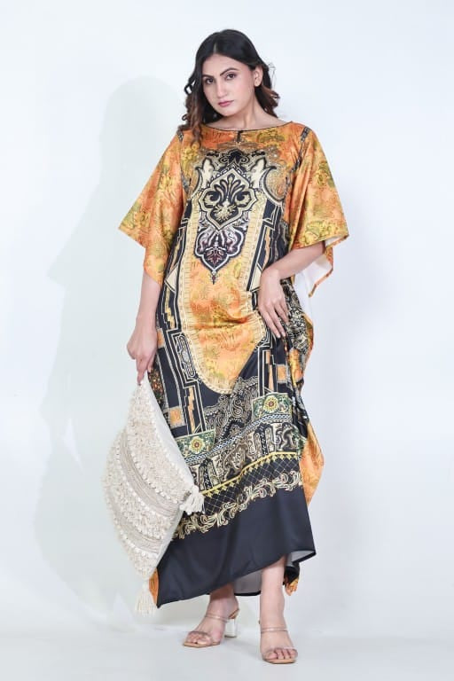 Black & Mustard Ornate Printed Satin Kaftan with Pockets