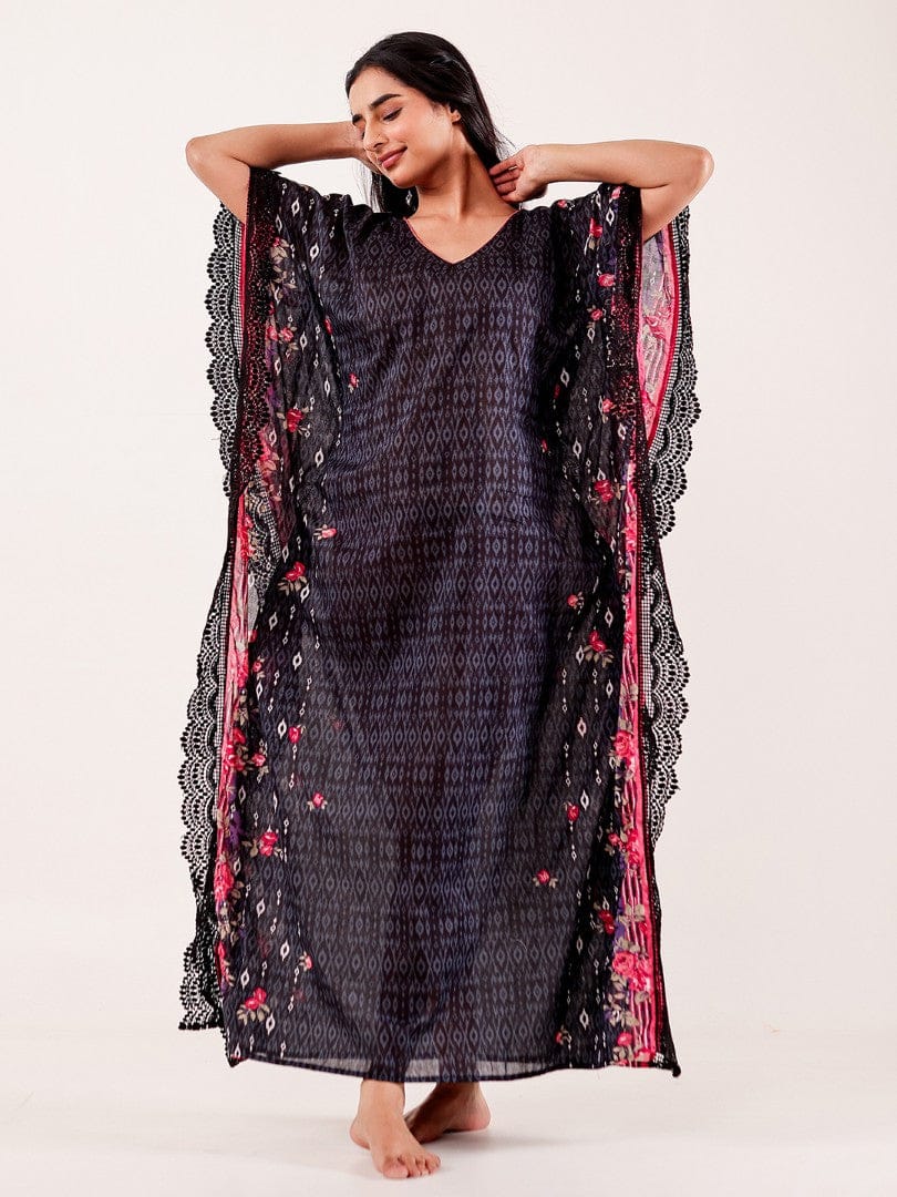 Black Floral Printed Cotton Loungewear Kaftan