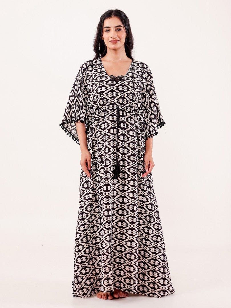Black & Ivory Ikat Printed Cotton Loungewear Kaftan