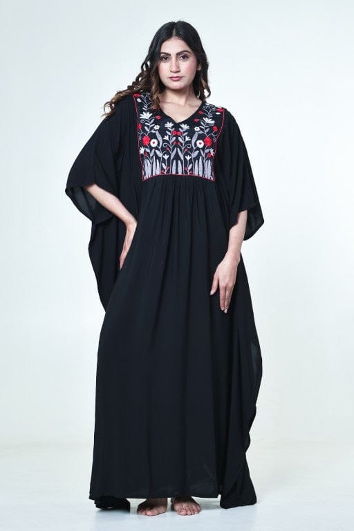 Black Modal Loungewear Kaftan with Embroidered Floral Yoke