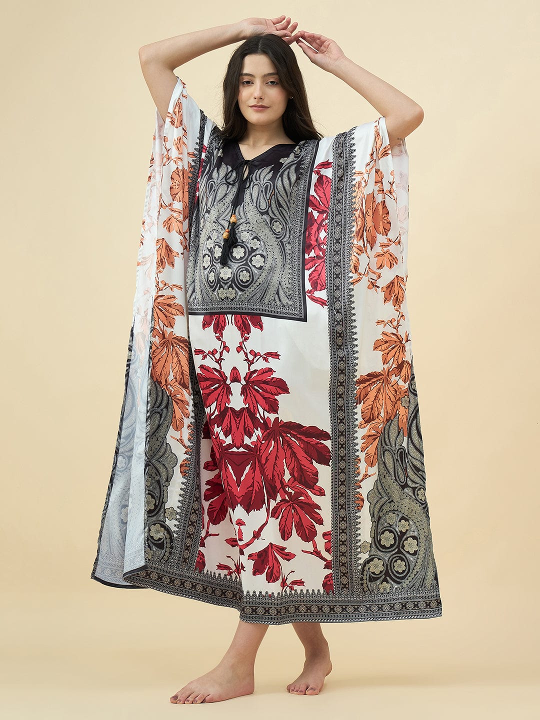 Black & Red Printed Satin Kaftan – Luxe Feel with Pockets