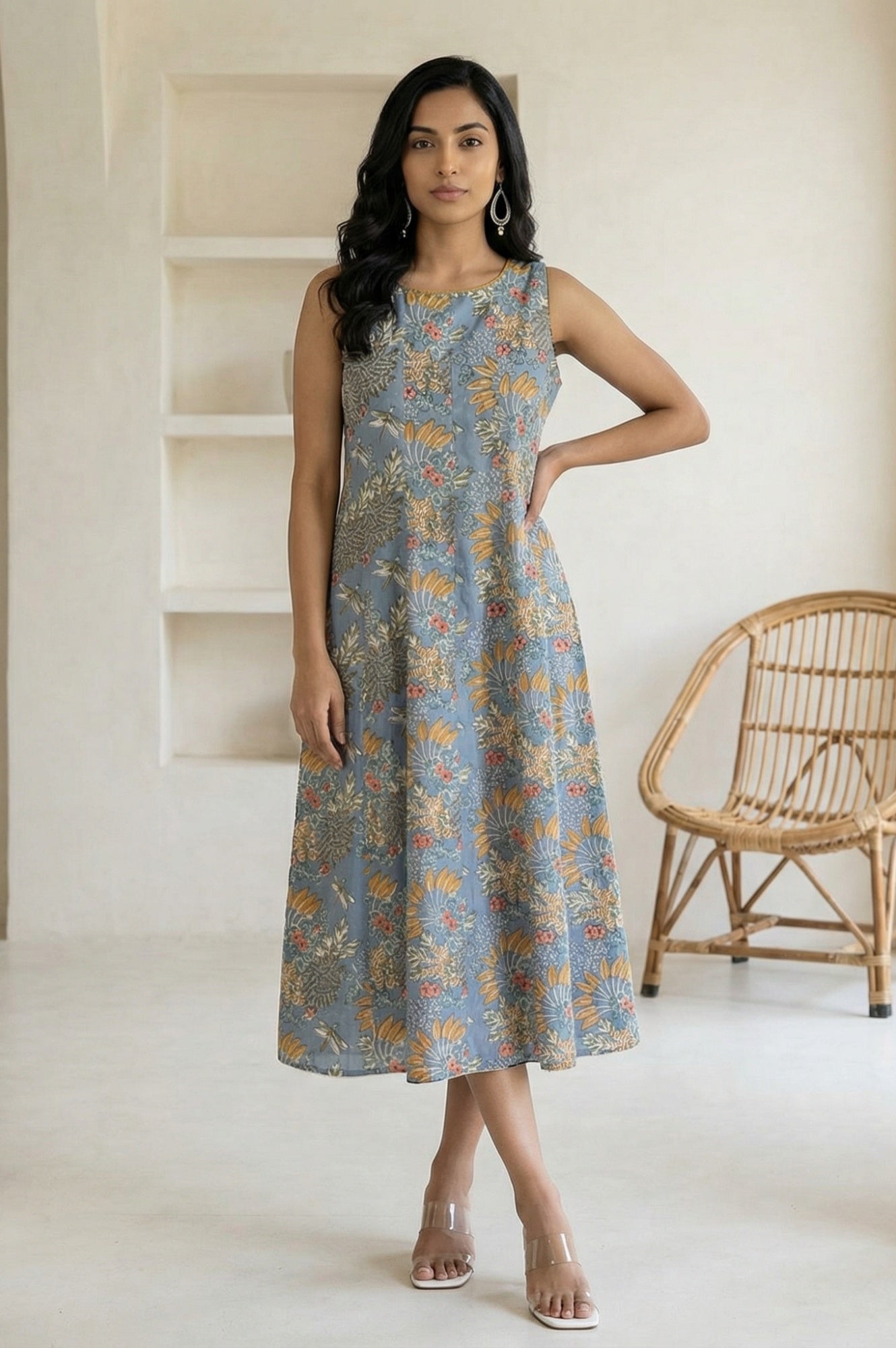 Blue Block Printed Pure Cotton A-line Dress