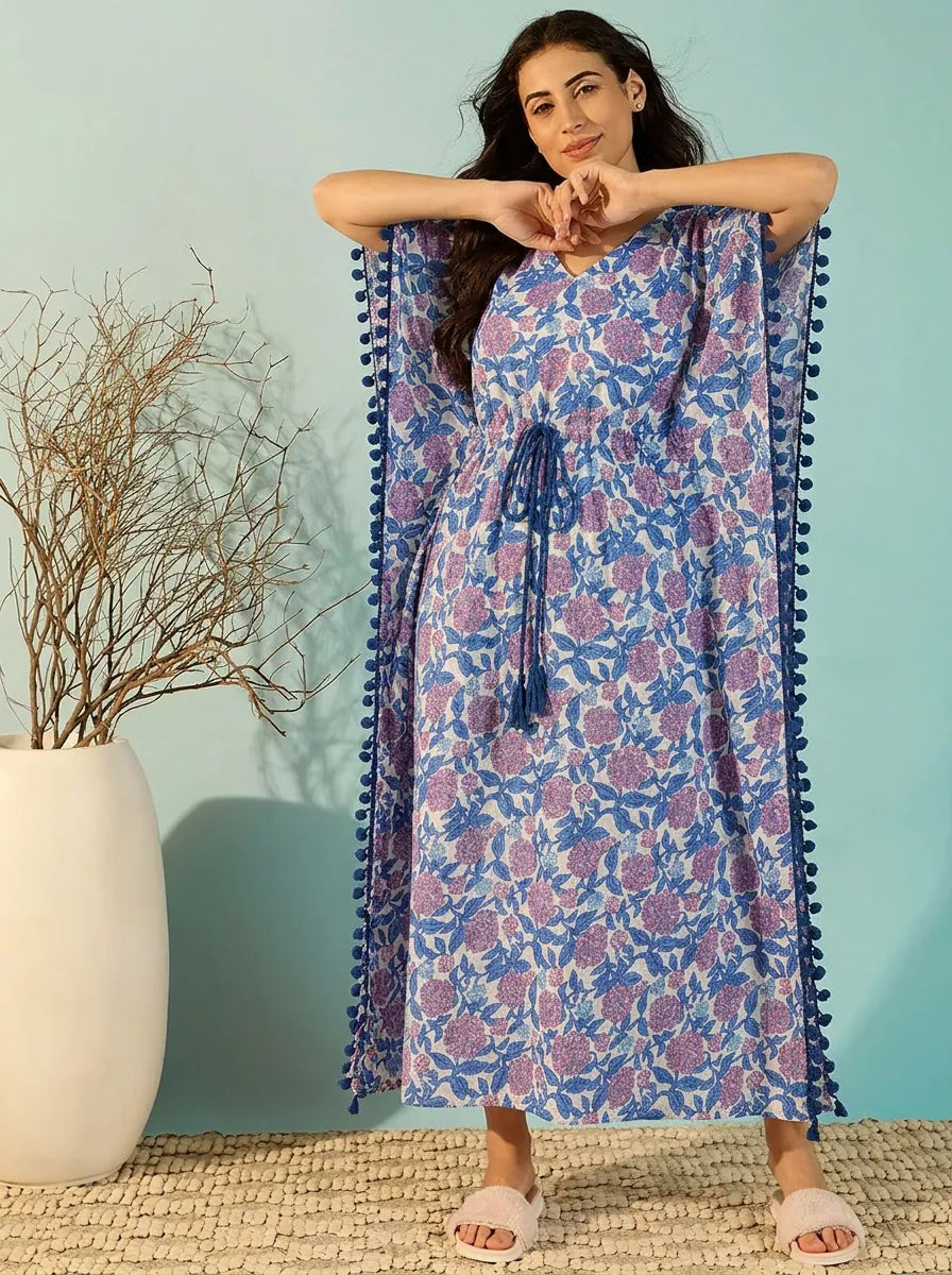 Blue Floral Cotton Kaftan with Pom-Pom Trim and Waist Tie