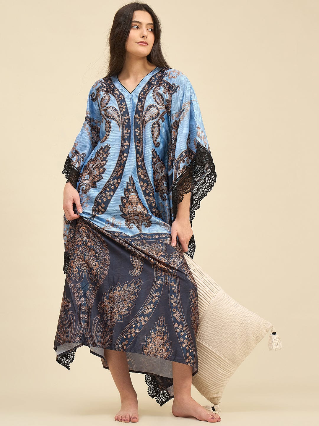 Blue Satin Kaftan Nightdress with Paisley Print & Lace Trim