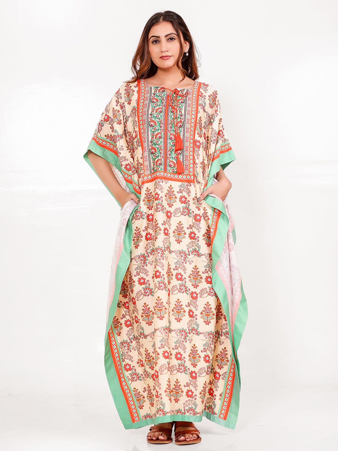 Floral Cotton-Viscose Kaftan with Mint Border & Pockets