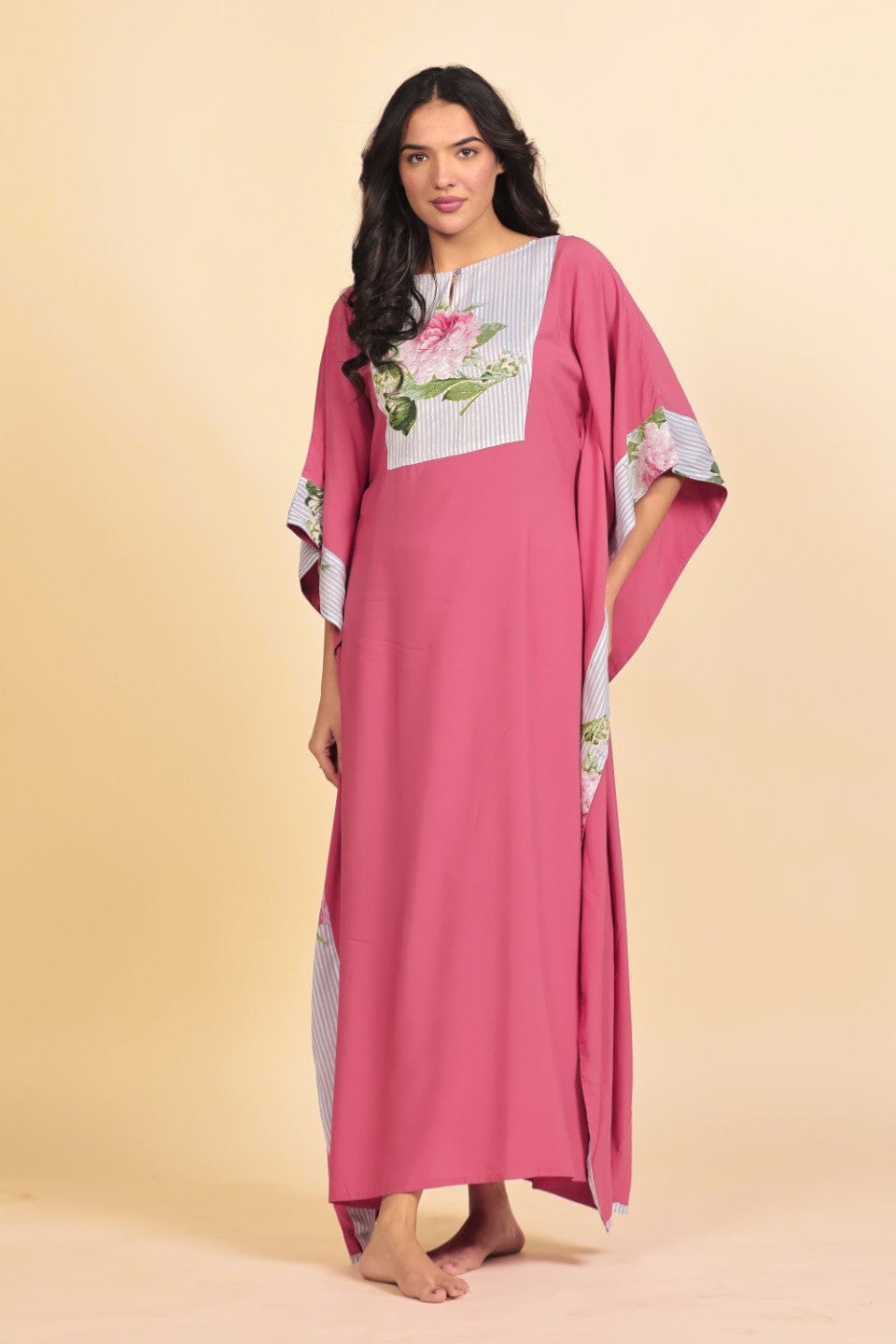Dark Pink Modal Kaftan Nightdress with Striped Floral Yoke and Trim