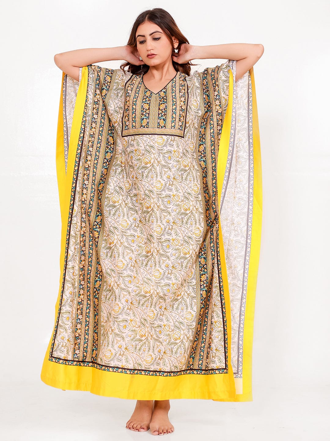Floral Borders Maxi Kaftan with Pockets