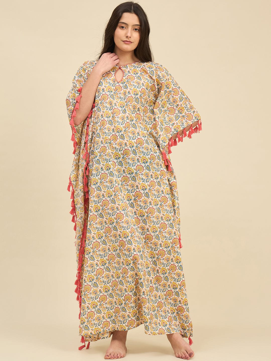 Floral Cotton Kaftan – Keyhole Neckline & Pink Tassel Trim