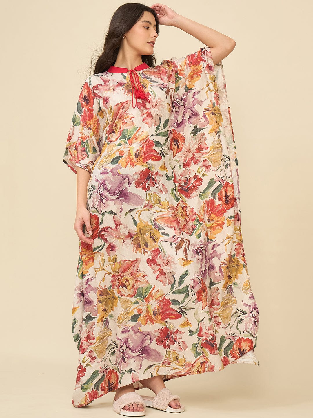 Floral Watercolor Printed Kaftan – Red Collar & Tassel Tie-Up