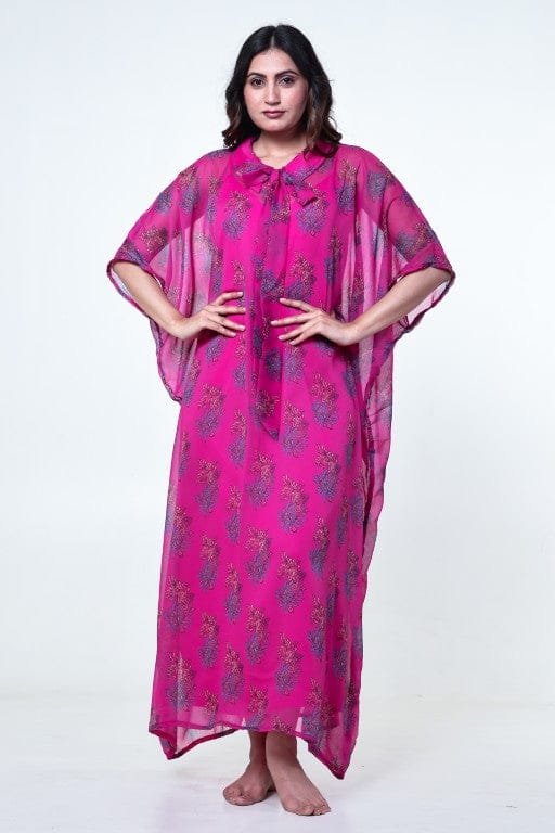 Fuchsia Printed Chiffon Loungewear Kaftan with Crepe Slip