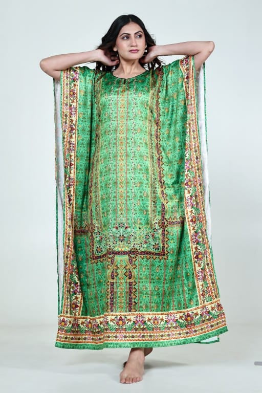 Green Ethnic Printed Satin Nightwear Kaftan with Pockets