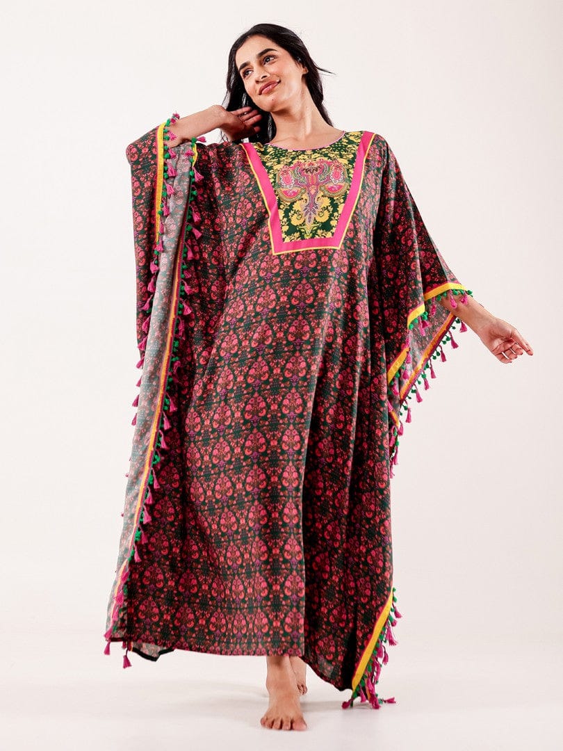 Green & Pink Ornate Printed Modal Kaftan