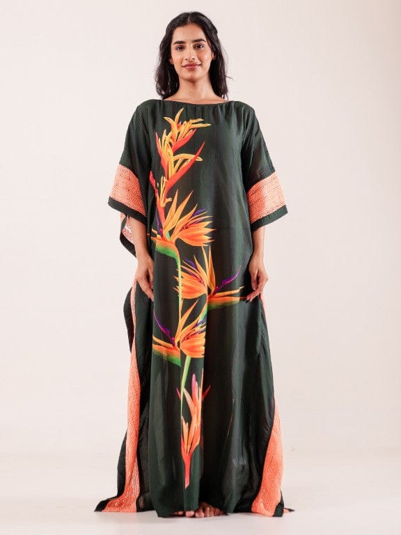 Green Tropical Bird-of-Paradise Printed Viscose Kaftan