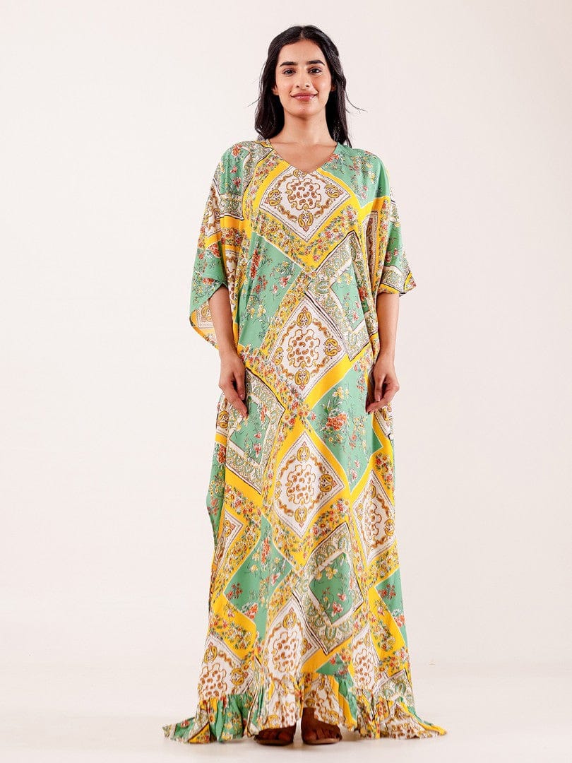 Green & Yellow Geometric Floral Printed Loungewear Kaftan