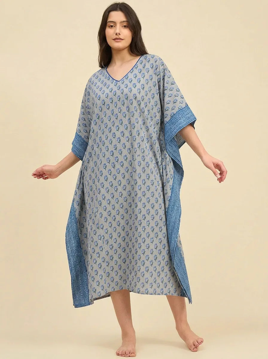Grey & Blue Butti Print Cotton Kaftan with Textured Indigo Border