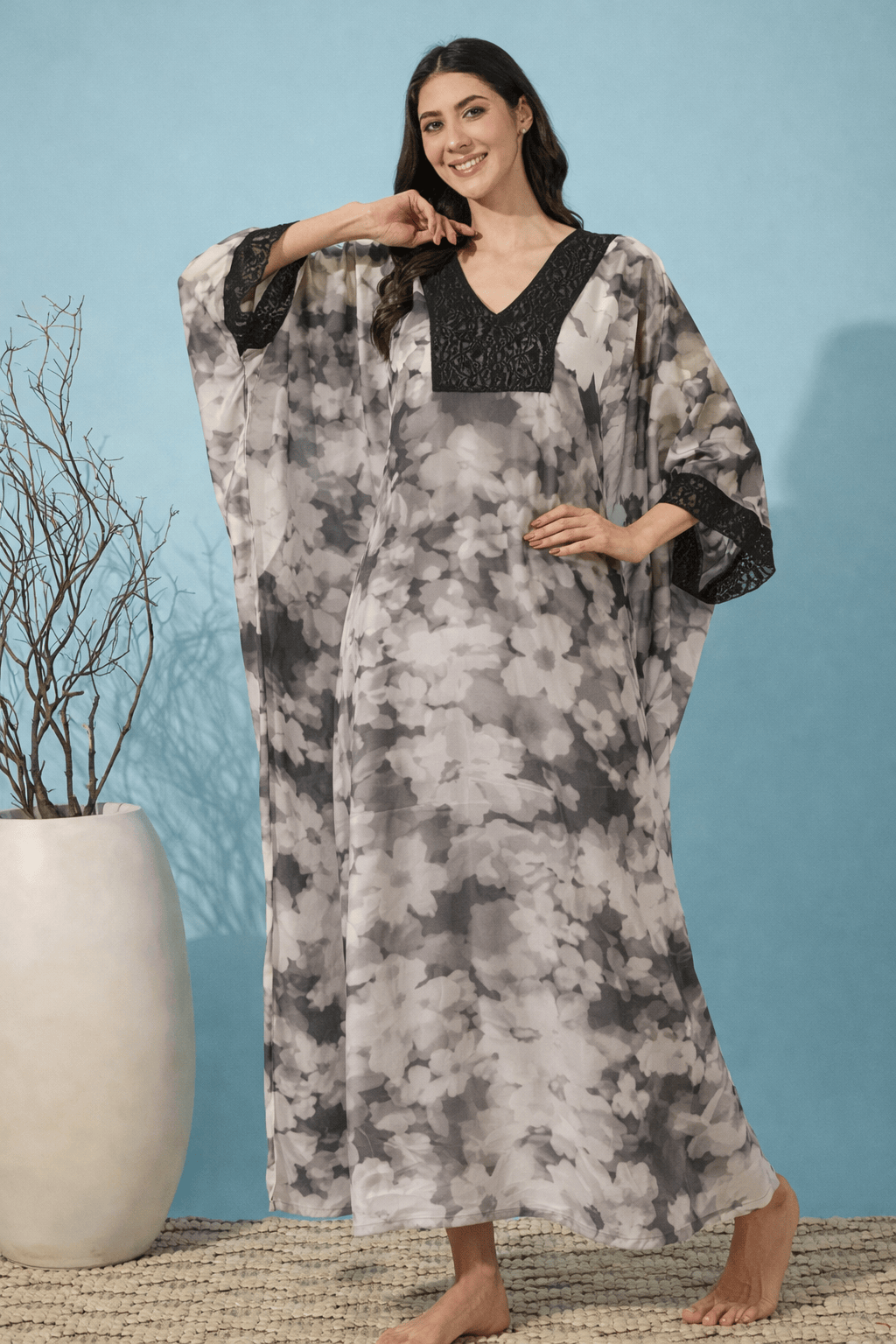 Grey Floral Print Georgette Loungewear Kaftan with Lace Trim