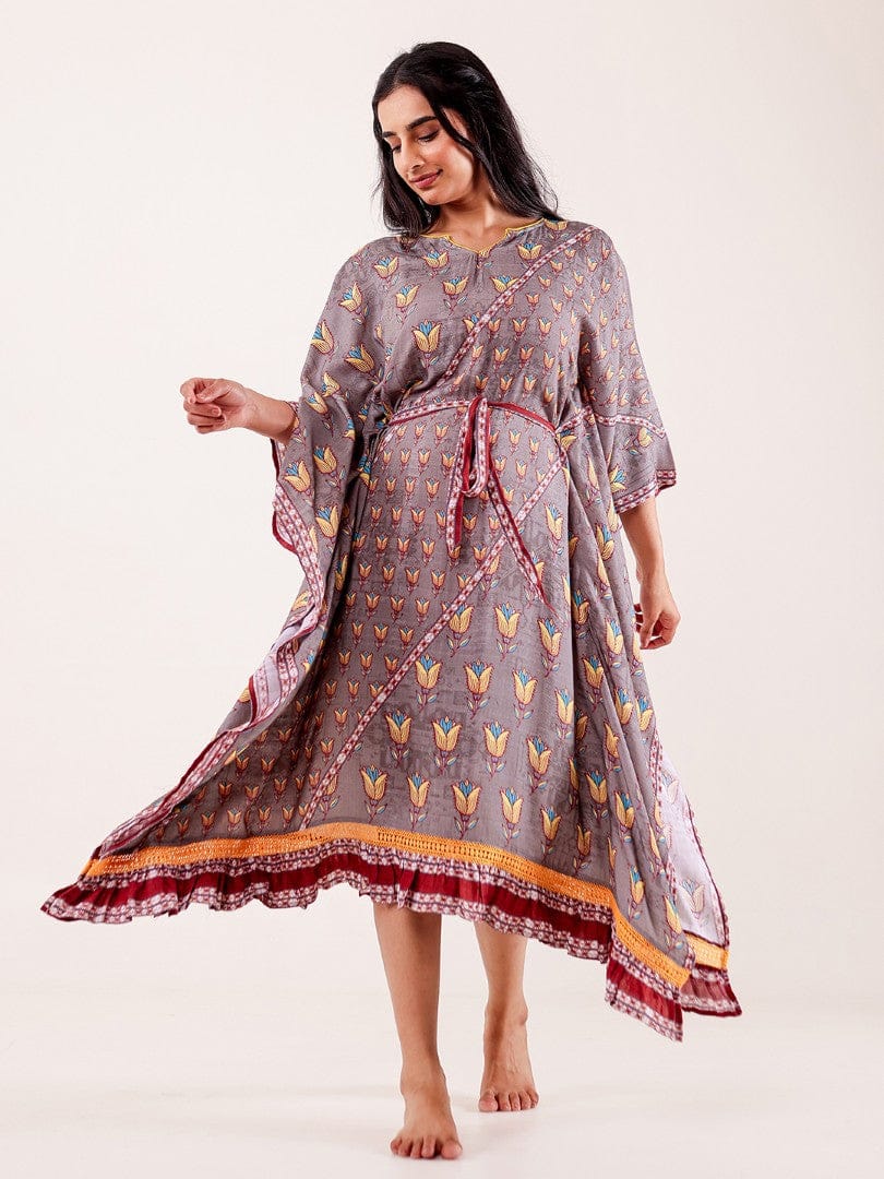 Grey Floral Printed Modal Kaftan