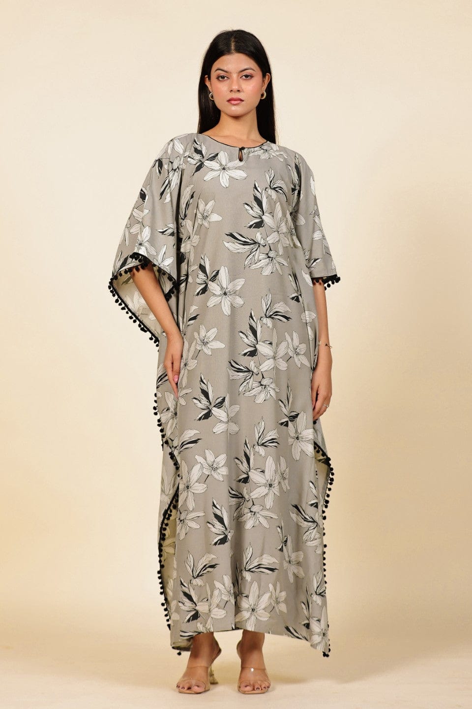 Grey Floral Printed Viscose Rayon Kaftan with Pom-Pom Trim