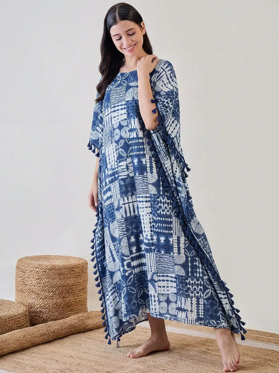 Indigo Patchwork Print Viscose Kaftan with Tassel Trim