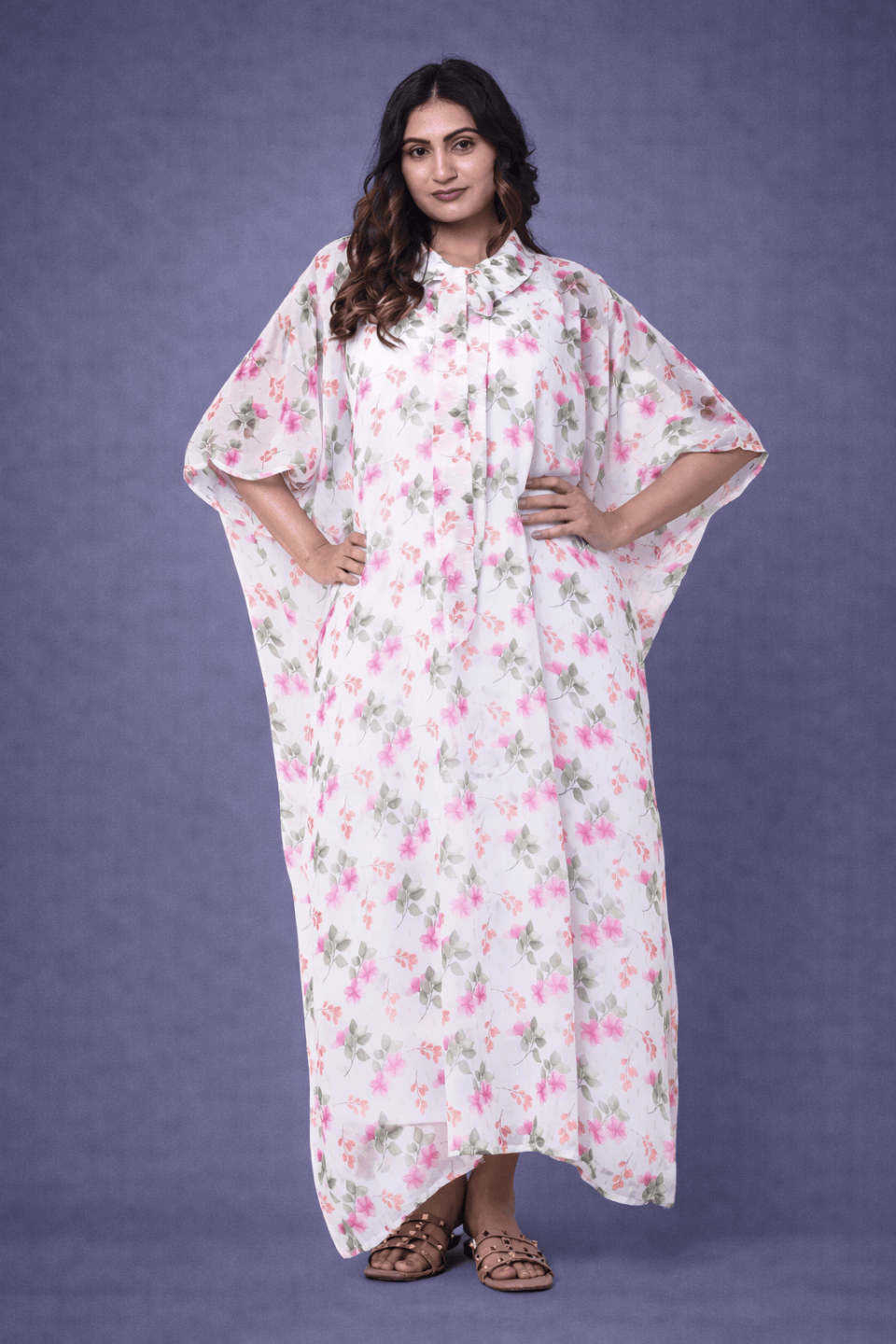 Ivory Floral Georgette Loungewear Kaftan with Crepe Slip