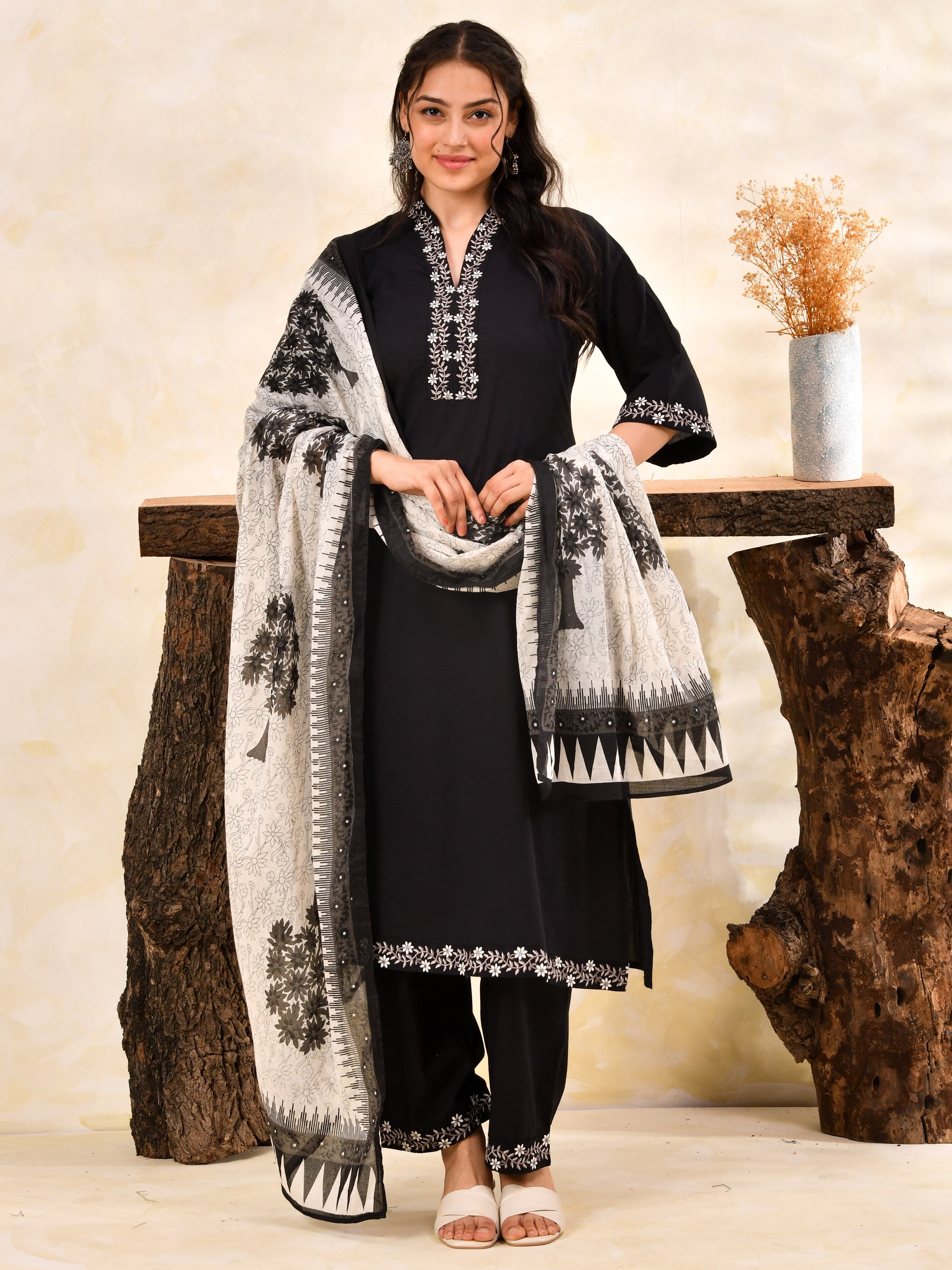 Buy Embroidered Soft Cotton Solid A-line Black Kurta, Trousers & Dupatta TP8847T | Aramya