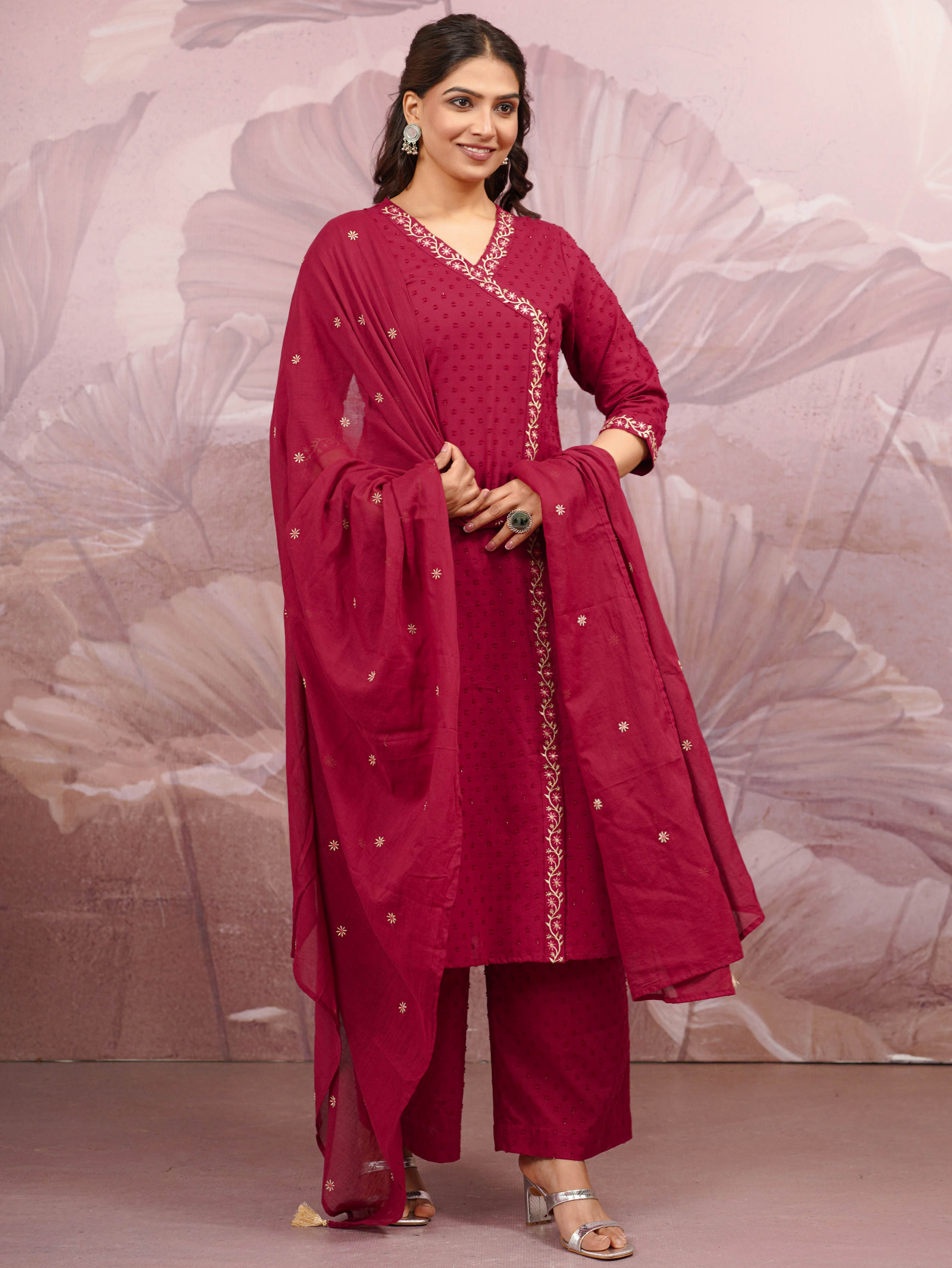 Buy Embroidered Cotton Dobby Solid Straight Maroon Kurta, Palazzo & Dupatta TP5398T | Aramya