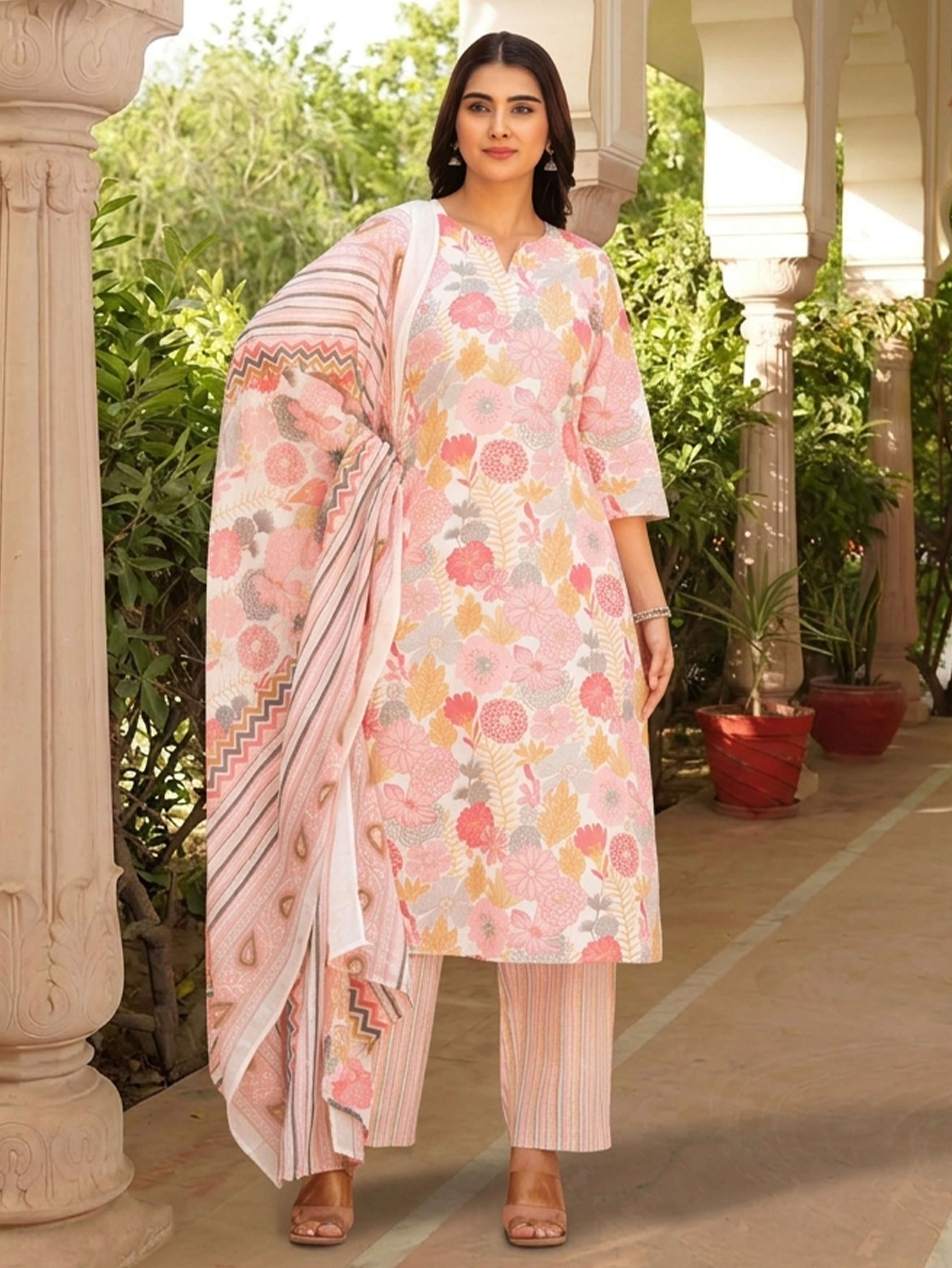 Buy Soft Cotton Floral Straight Pink Kurta, Trousers & Dupatta TP8827T | Aramya
