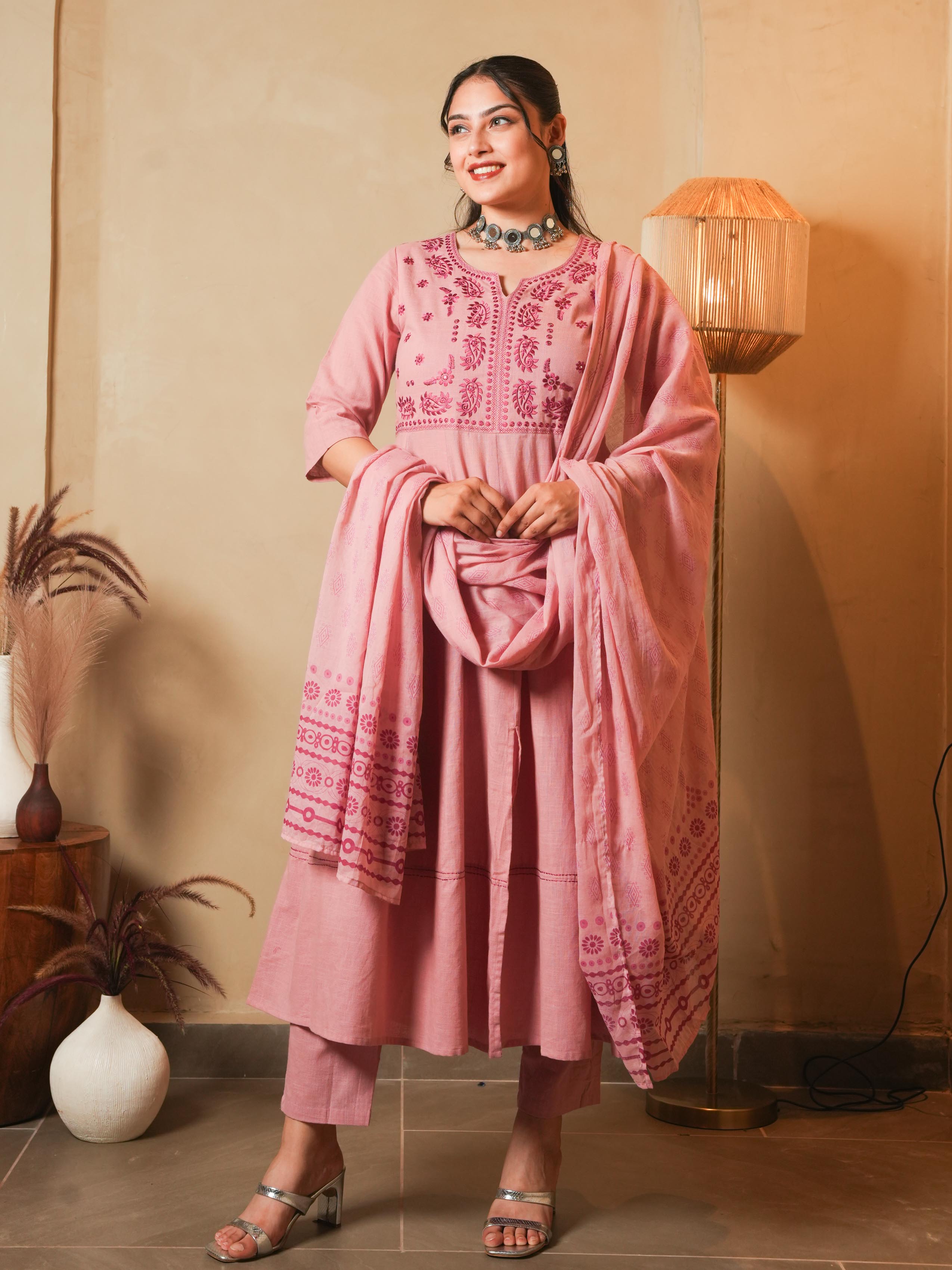 Buy Embroidered Natural Cotton Solid Anarkali Pink, Trousers & Dupatta TP3658T | Aramya