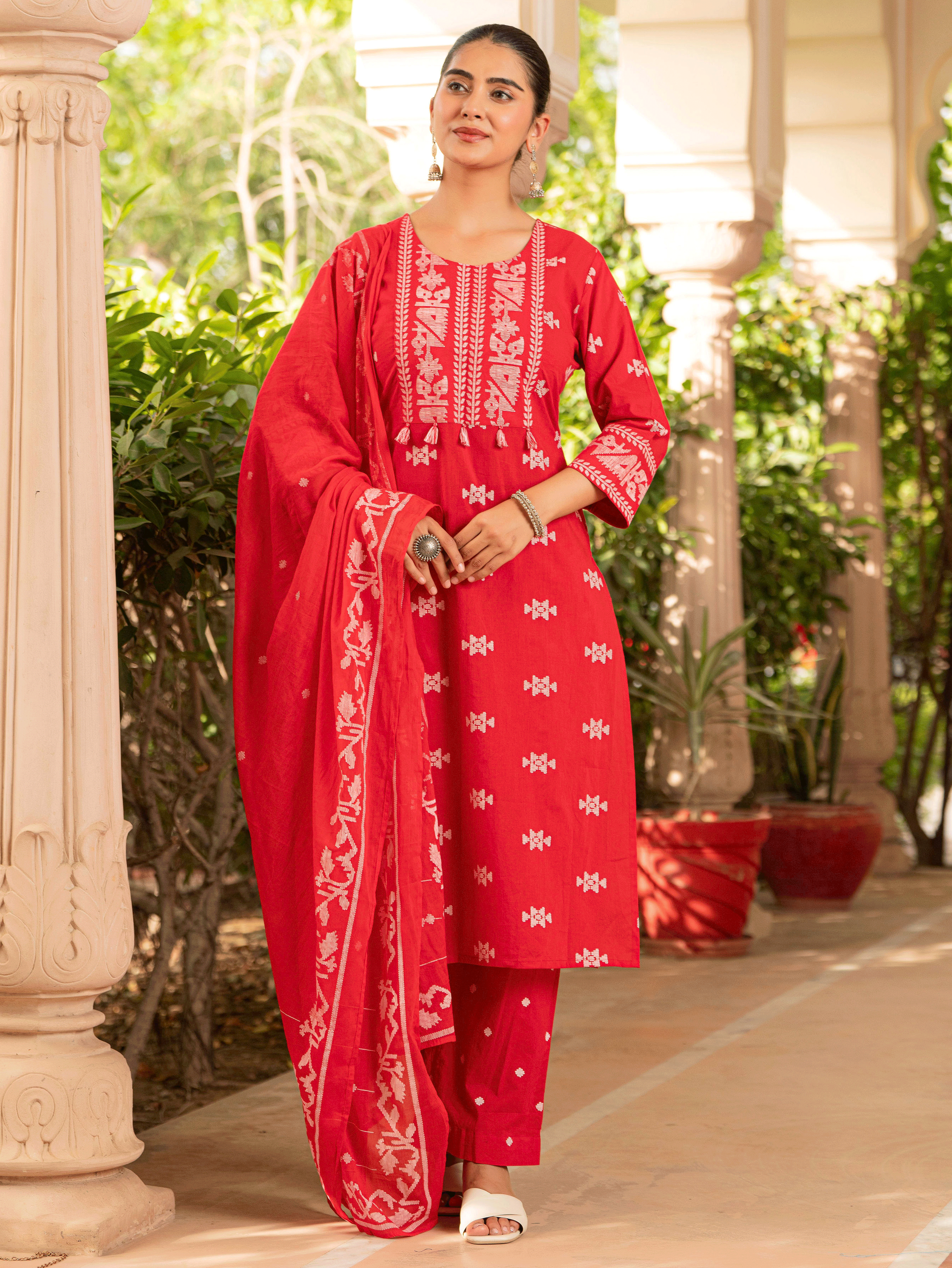 Buy Soft Cotton Geometric Straight Red Kurta, Palazzo & Dupatta TP4783T | Aramya