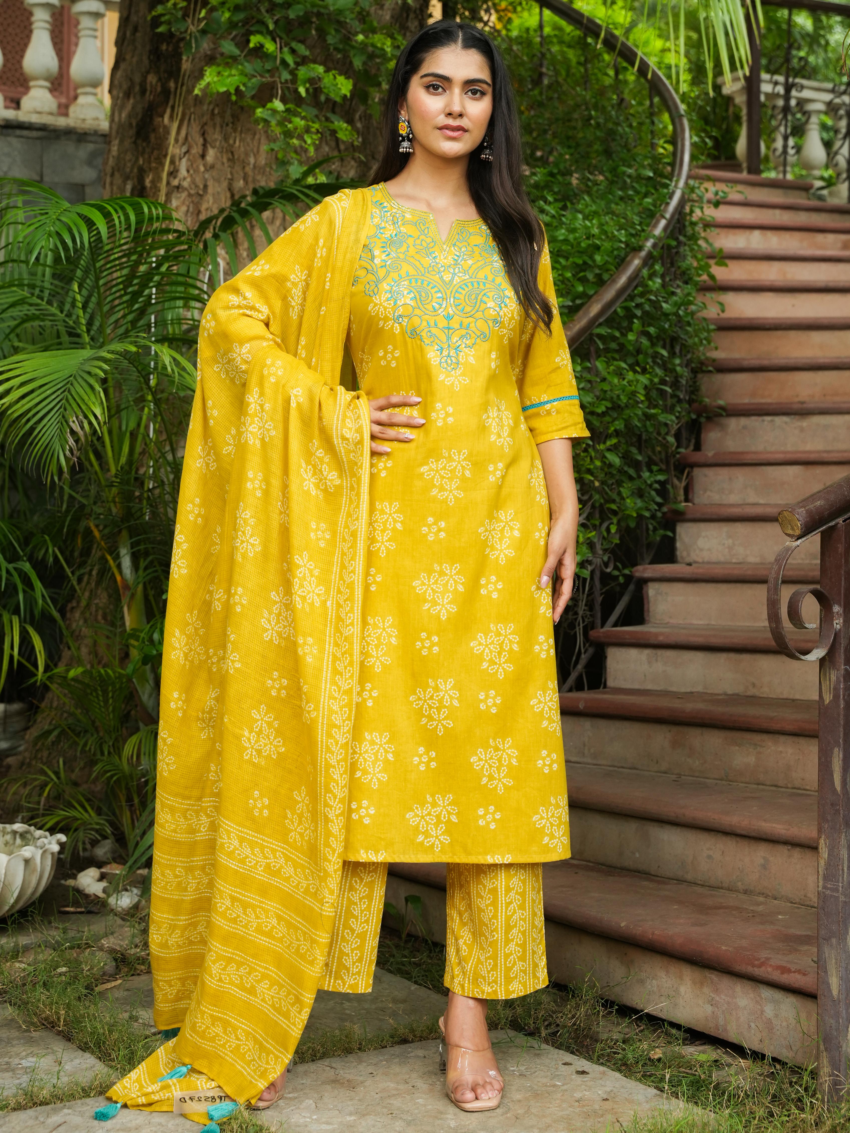 Buy Embroidered Soft Cotton Bandhani Straight Yellow Kurta, Trousers & Dupatta TP8527T | Aramya