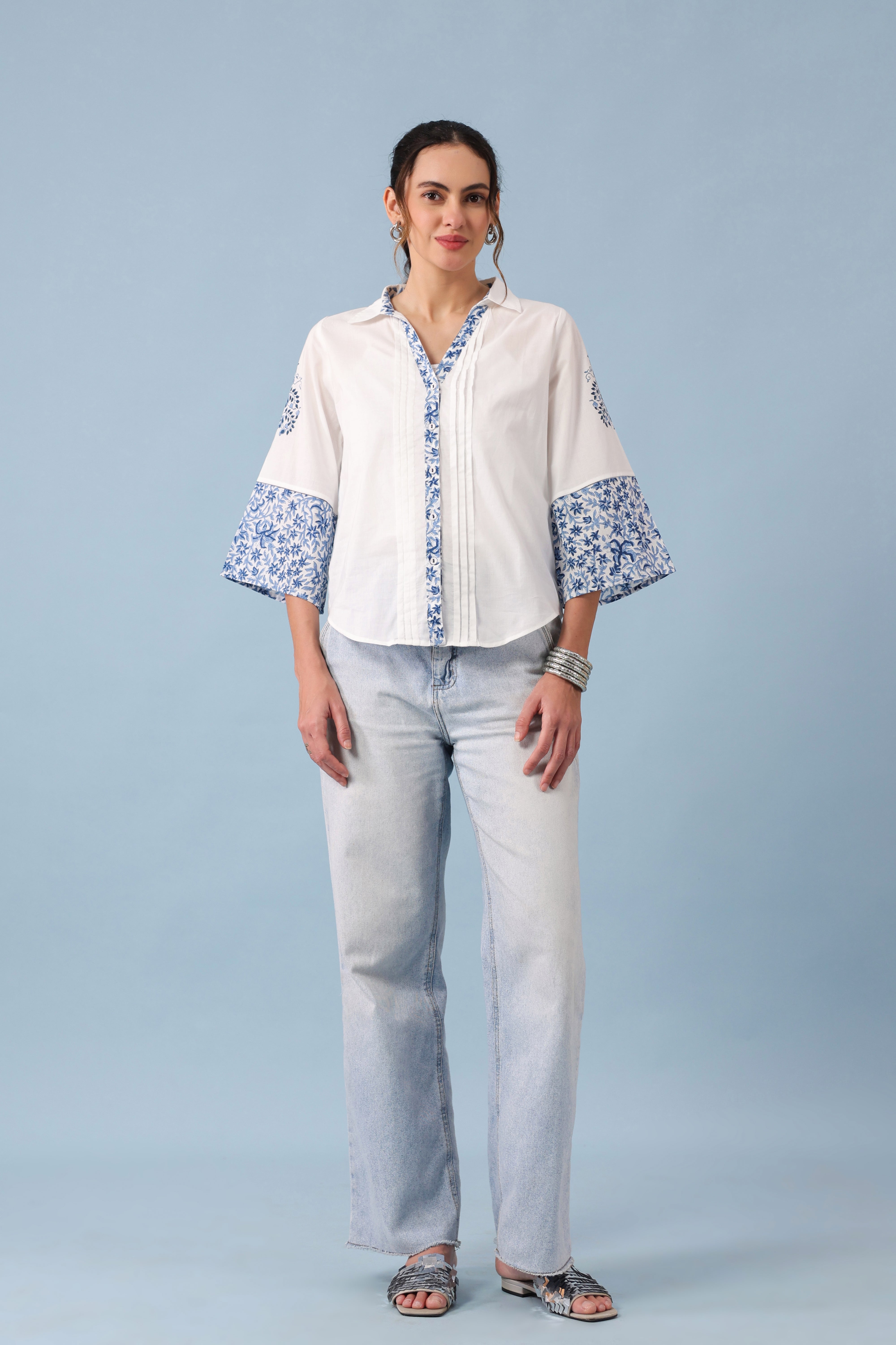 Loose Button Down Shirt – Blue/White