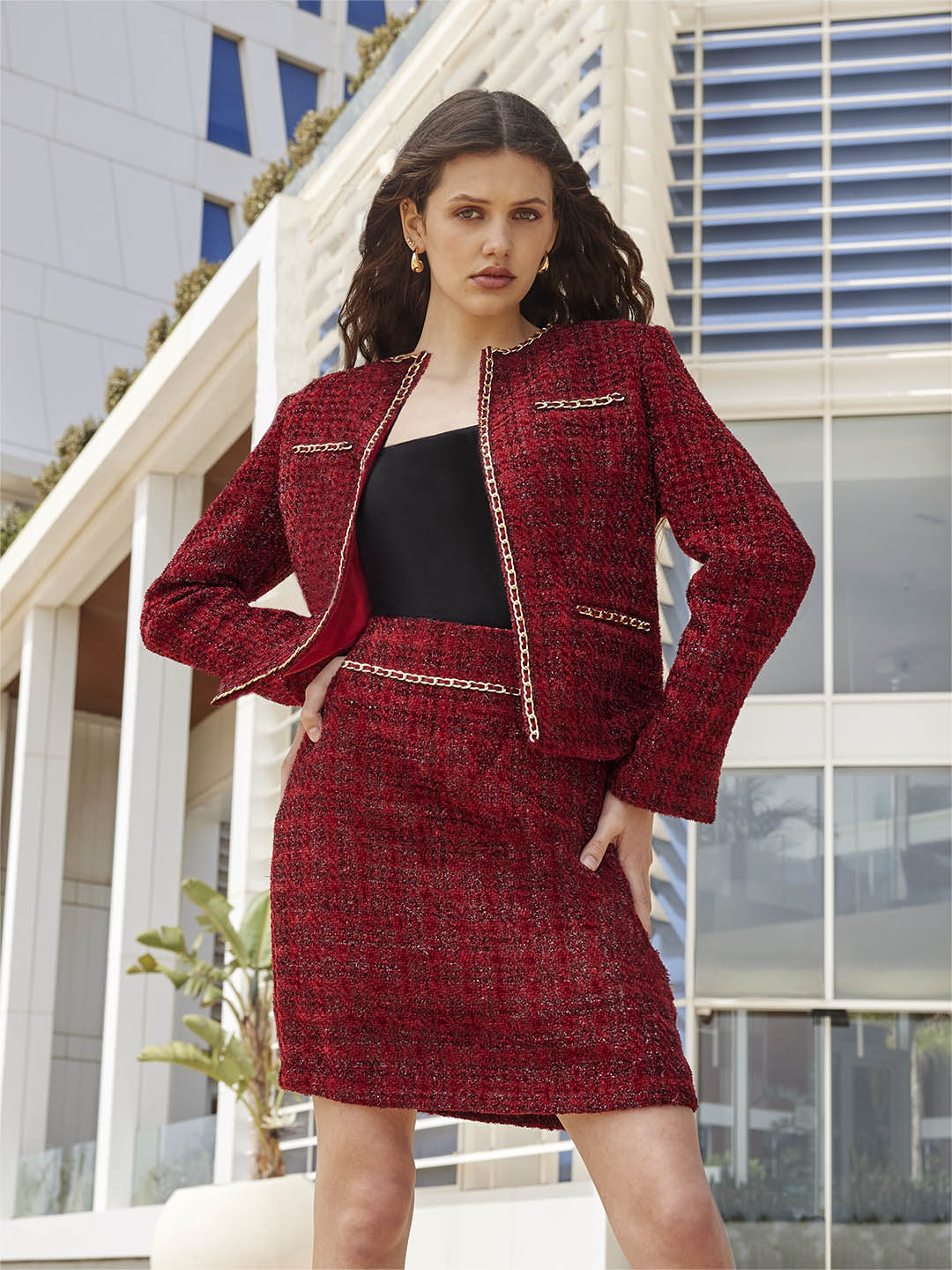 Madame Round Neck Embellished Maroon Tweed Coat