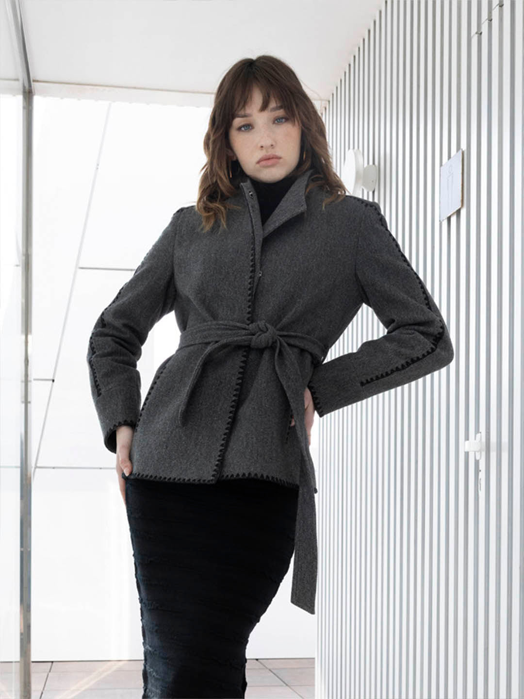 Madame Wrap Style Belted Grey Coat