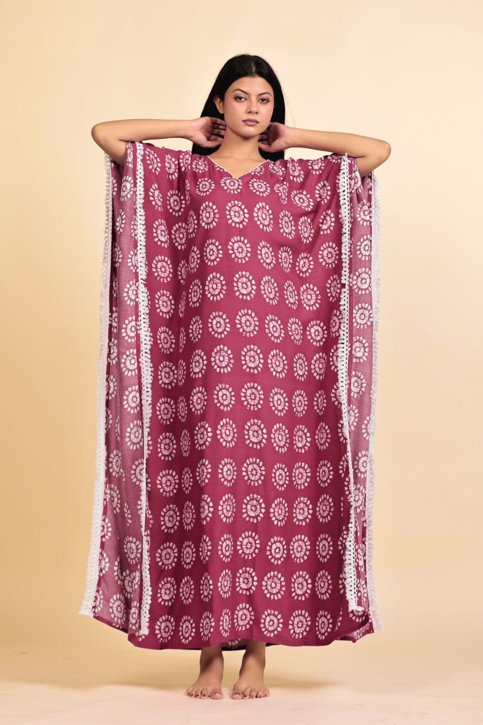 Maroon Batik Circle Print Viscose Rayon Kaftan with White Lace Trim