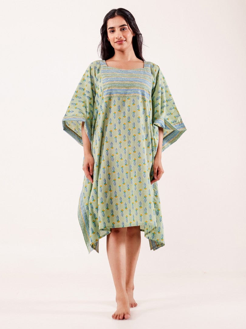Mint Green Ethnic Buta Printed Cotton Loungewear Kaftan with Border Detail