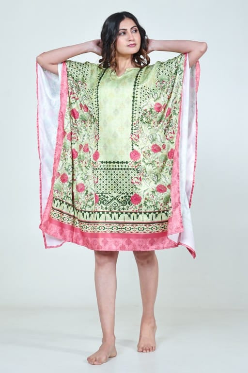 Mint Green Floral Printed Satin Kaftan with Pockets