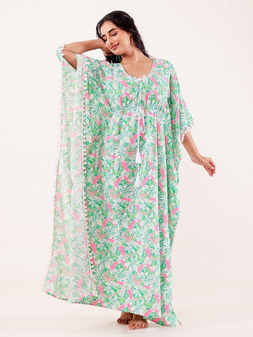 Mint Green & Pink Floral Printed Cotton Kaftan
