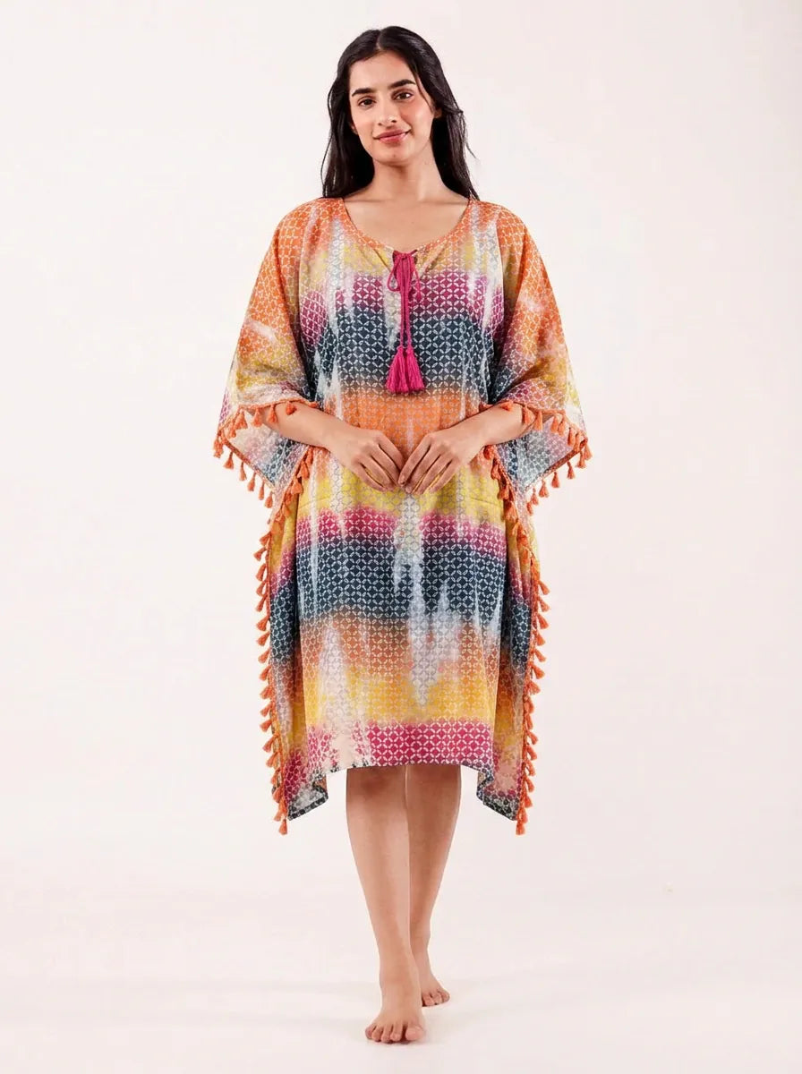 Multi Tie-Dye Cotton Kaftan with Tassel Trim
