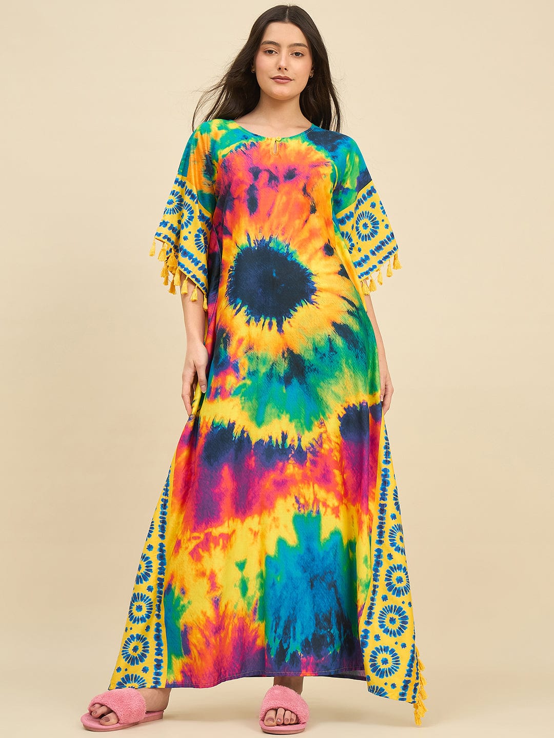 Multicolor Burst Tie-Dye Printed Cotton Kaftan with Yellow Tassel Edges
