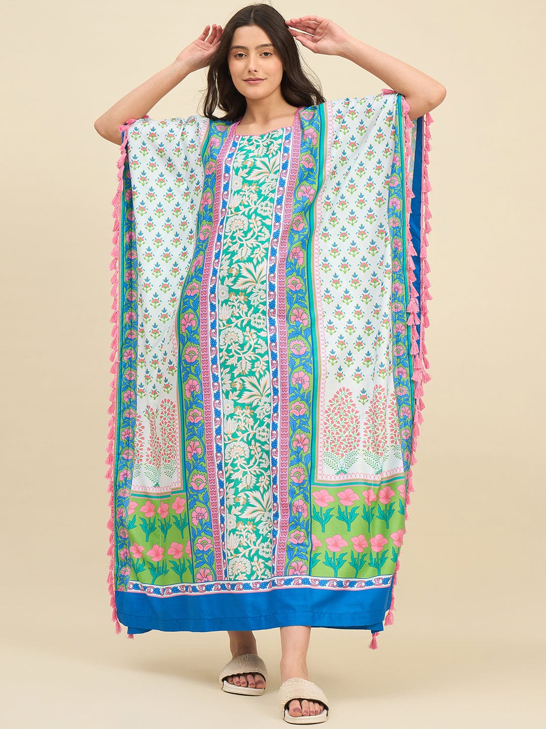 Multicolor Floral Printed Kaftan – Square Neckline with Tassel Detail