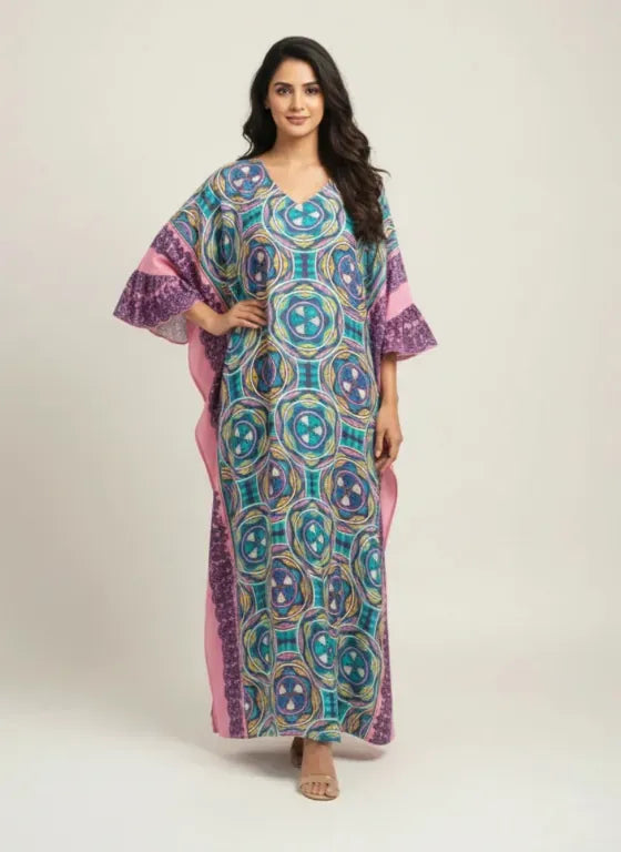 Geometric Printed Viscose Kaftan with Frill Sleeves