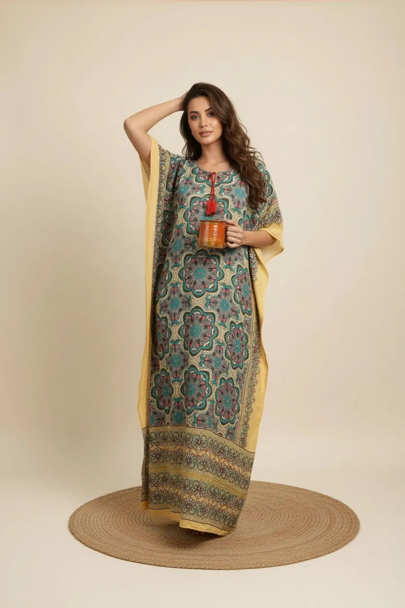 Multicolour Mandala Printed Viscose Crepe Kaftan