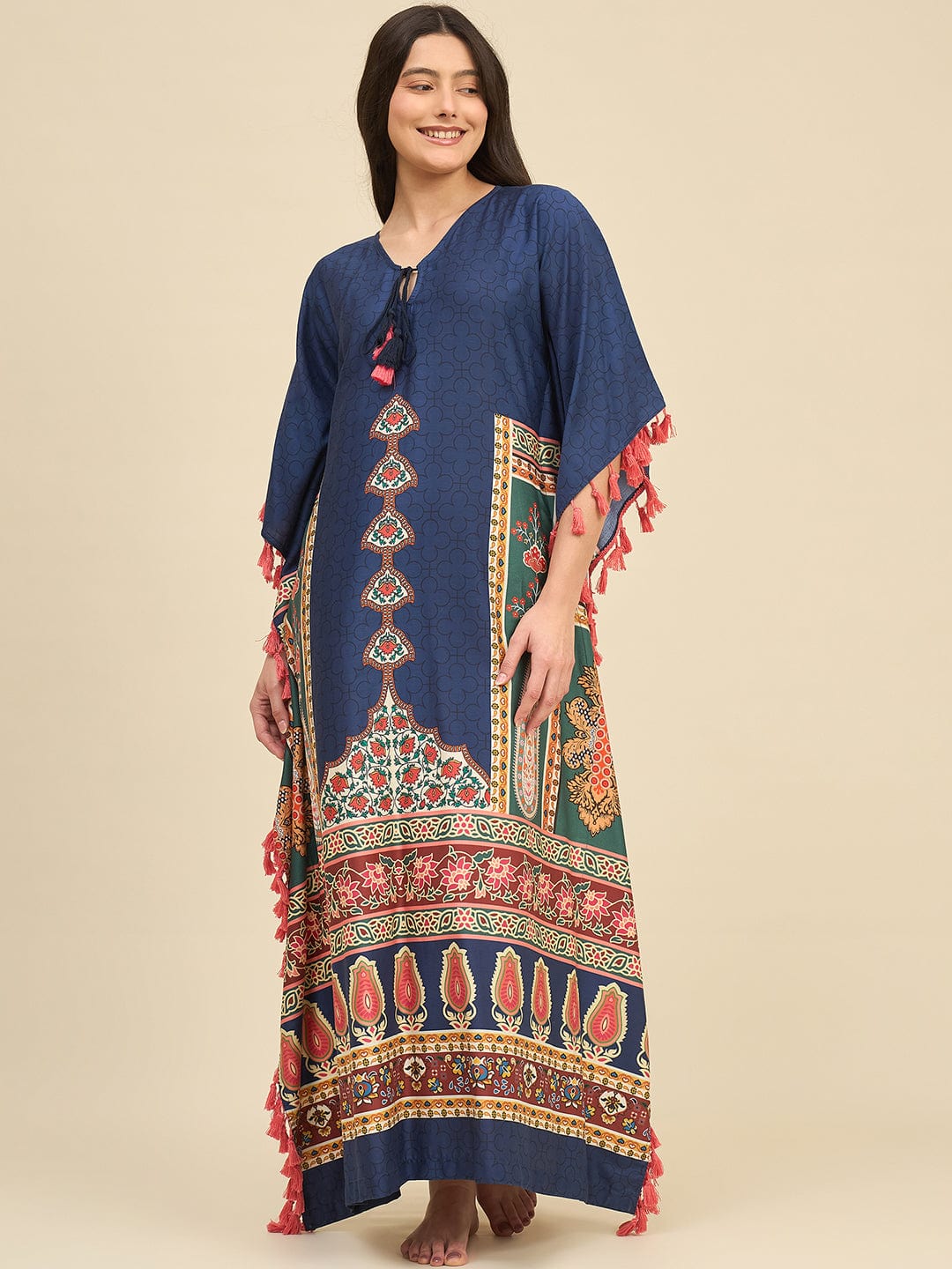 Navy Blue Ethnic Printed Kaftan – Tassel Tie-Up & Statement Borders