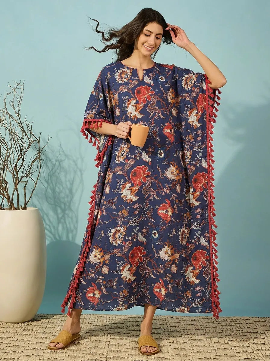 Navy Blue Floral Modal Kaftan with Tassel Trim and Pockets