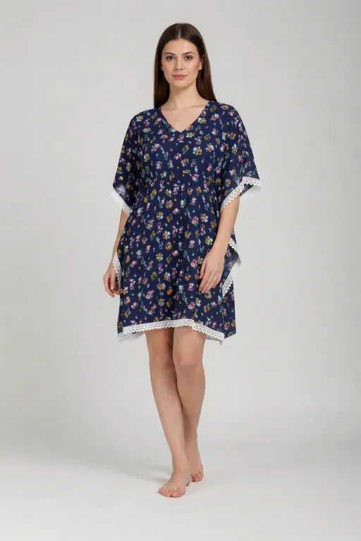 Navy Floral Printed Viscose Kaftan with Lace Trim
