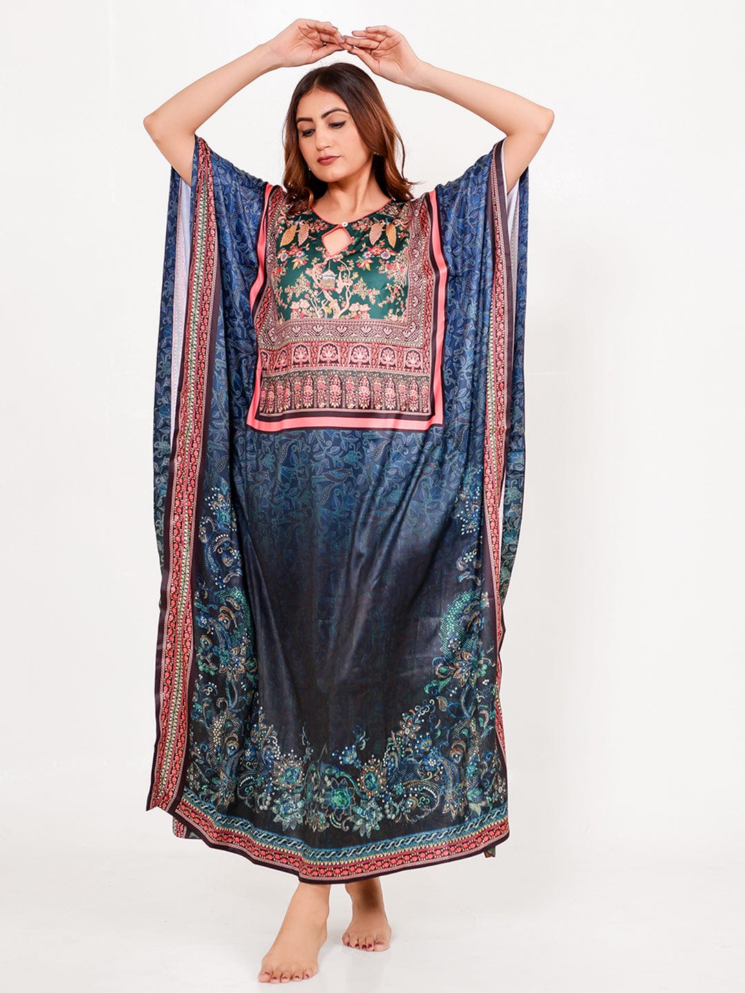Navy Satin Floral Printed Loungewear Kaftan