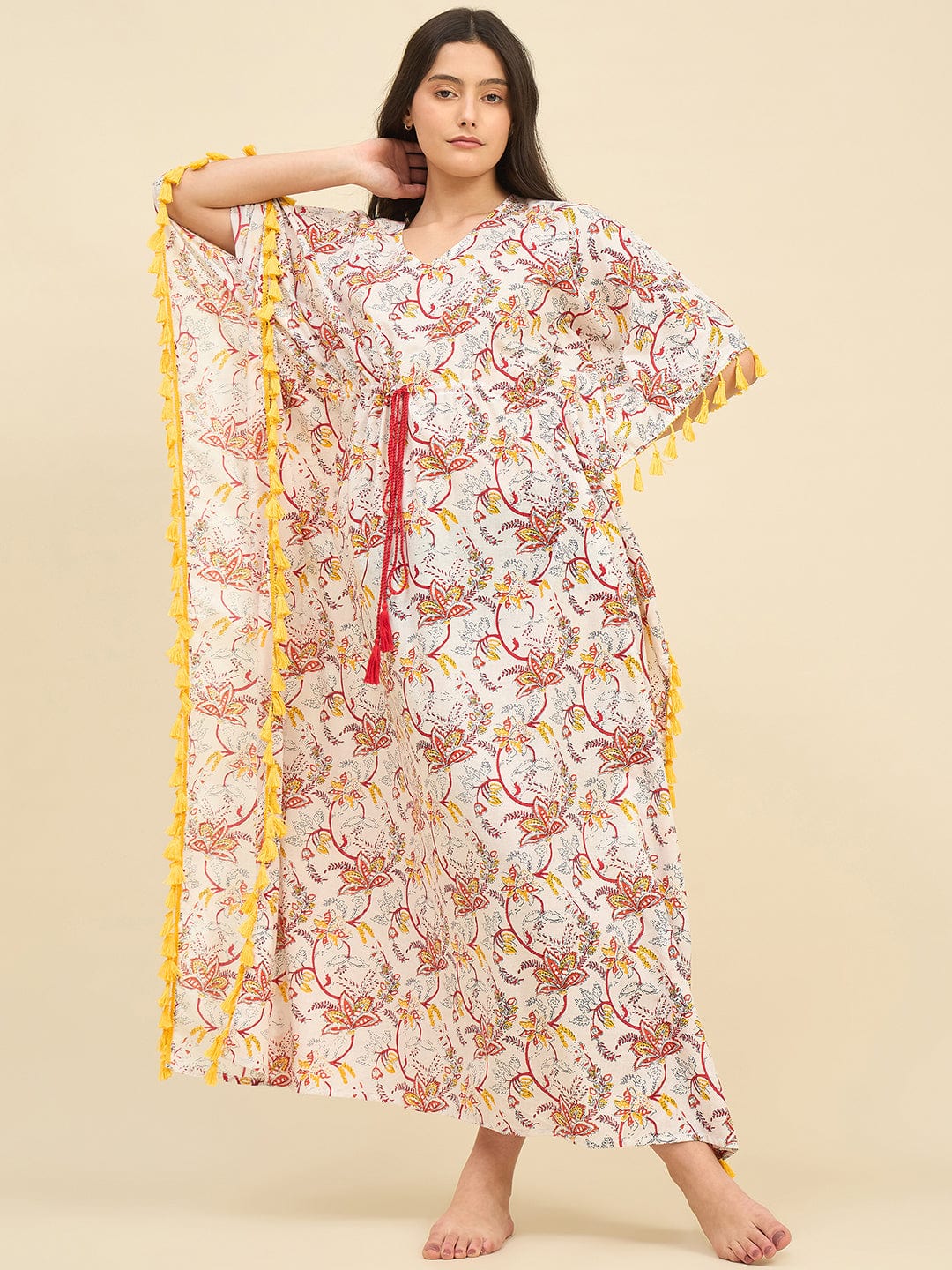 Off-White Floral Cotton Kaftan – Drawstring Waist with Yellow Tassels