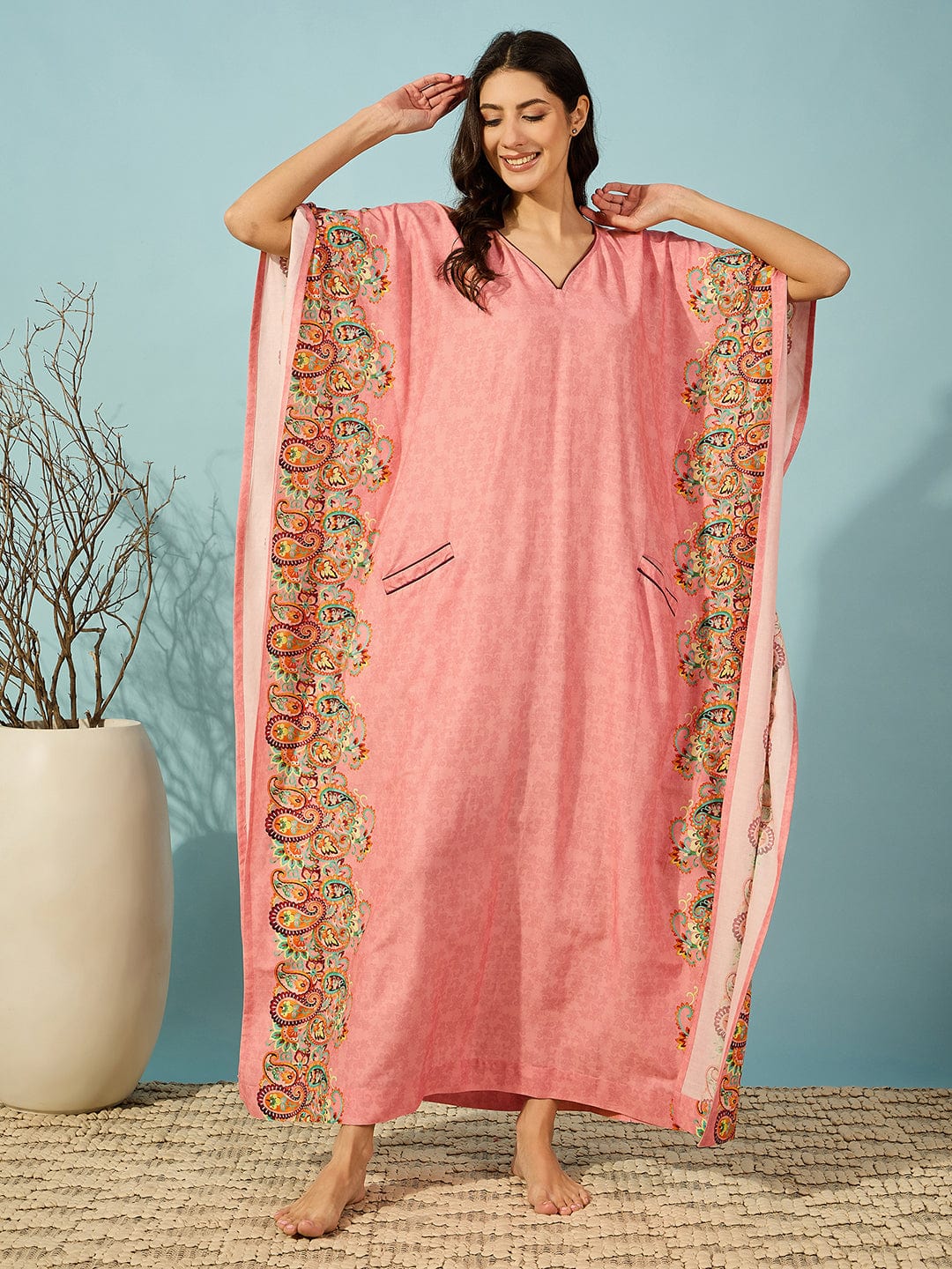 Paisley Pink Kaftan with Pockets