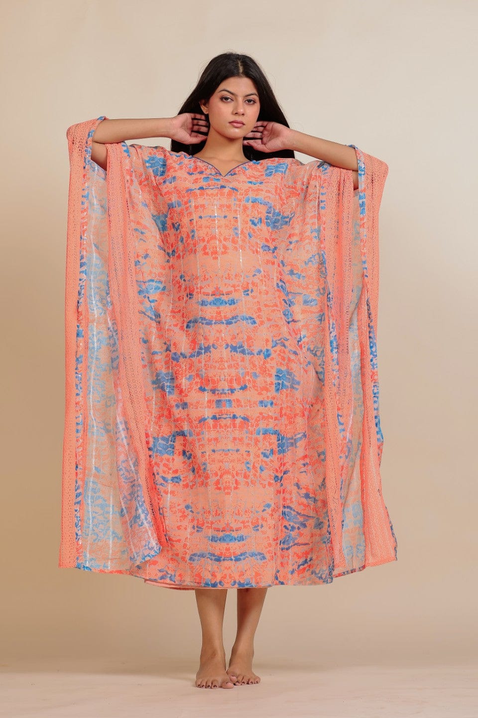Peach and Blue Abstract Printed Kaftan Nightdress with Slip Inner